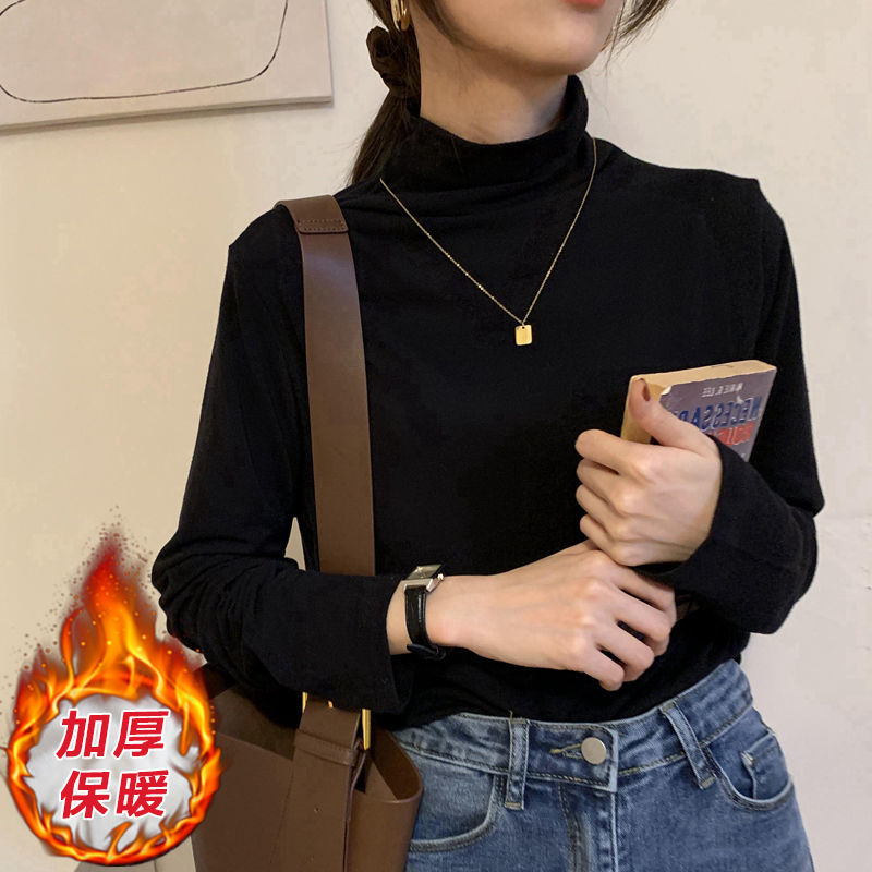 德絨半高領打底衫女內搭加絨加厚長袖緊身上衣秋冬洋氣百搭ins潮