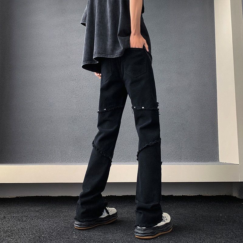 美式vibe风cleanfit水洗黑色微喇牛仔裤男潮设计感毛边修身直筒裤