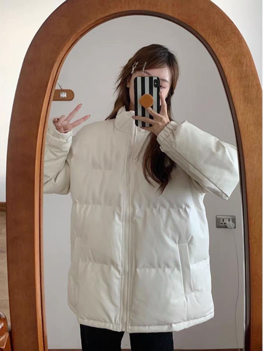 The ultimate fashion model!  Off-white solid color stand-up collar cotton coat, versatile student party winter personalized wear niche jacket