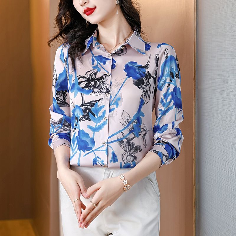 襯衫女桑蠶絲時尚百搭長袖氣質顯瘦翻領襯衣2024春秋女士新款上衣