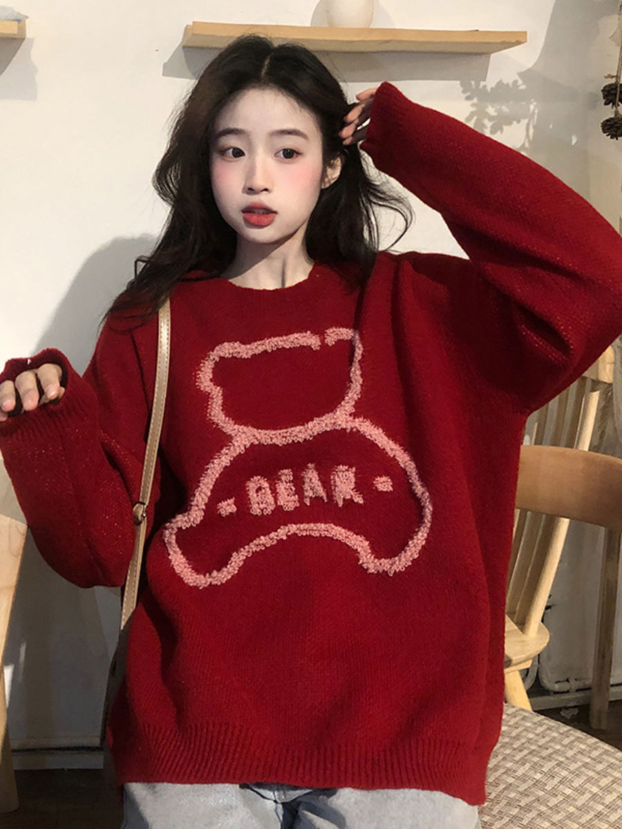 毛衣女秋冬軟糯新款甜美可愛紅色小熊提花寬鬆顯瘦針織衫上衣