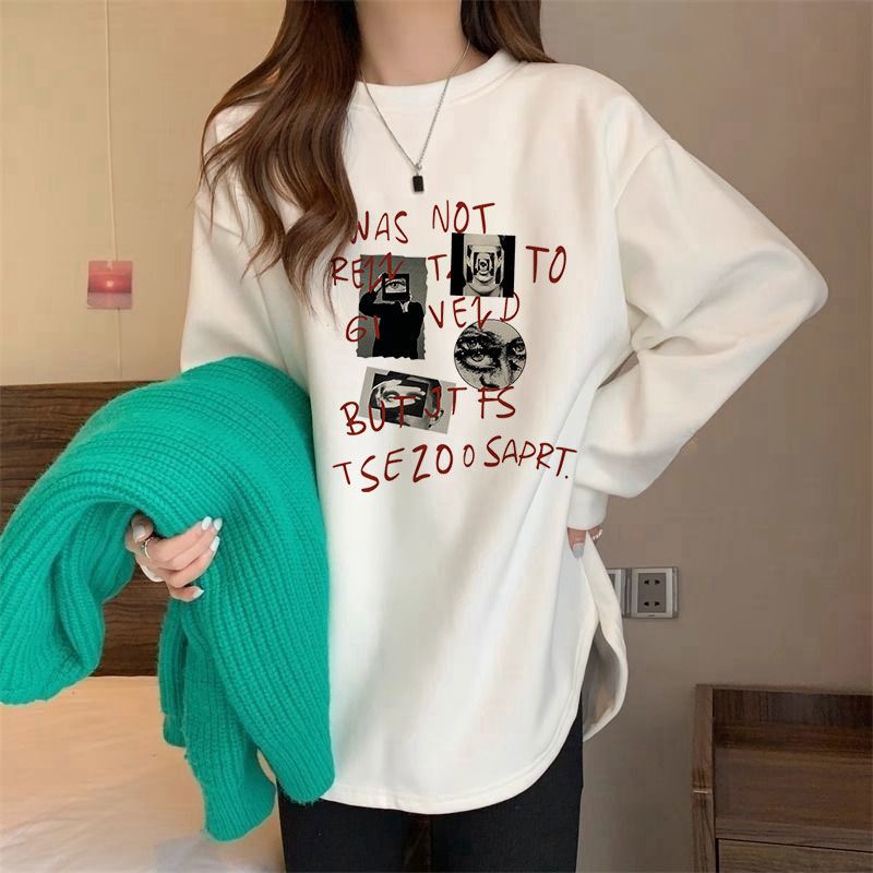 DeRong Korean style loose large size top brushed thickened long-sleeved T-shirt women's mid-length fashion versatile bottoming shirt trendy