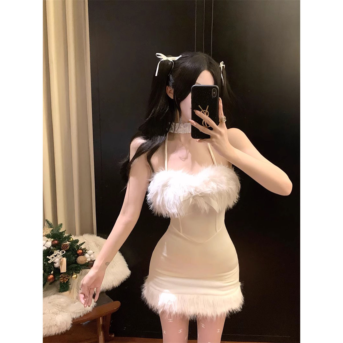 Sexy plush halterneck dress autumn and winter  new sweet off-shoulder design temperament tube top hip skirt for women