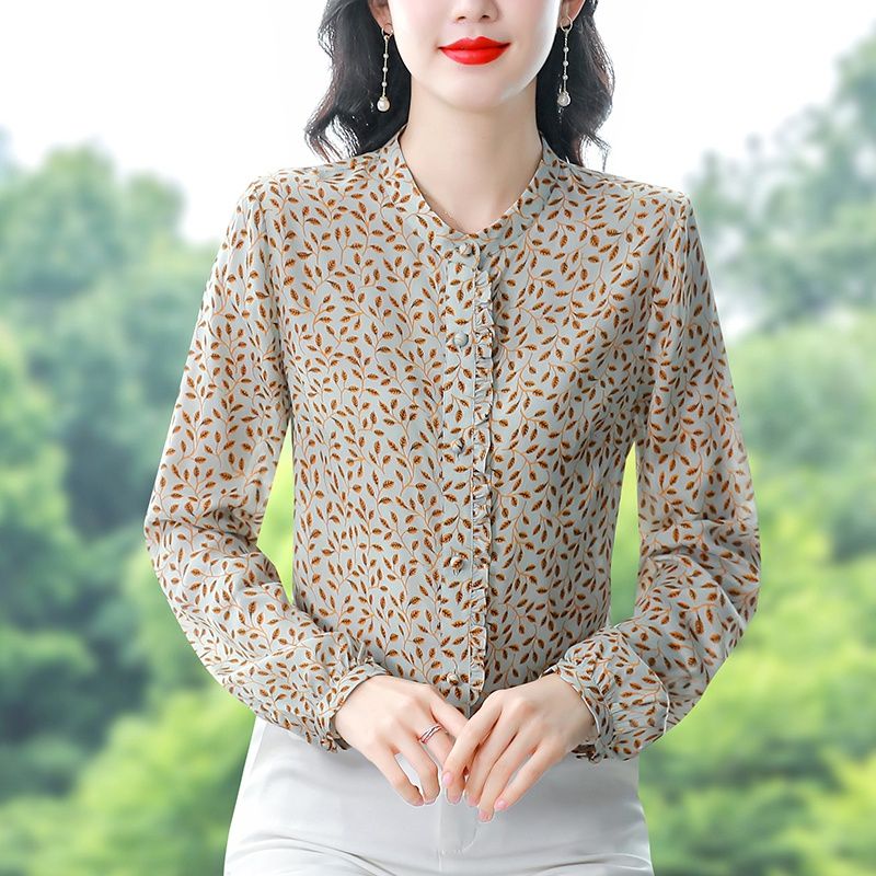 2024春裝新款雪紡襯衫木耳邊長袖寬鬆遮肚氣質小衫女裝顯瘦上衣女