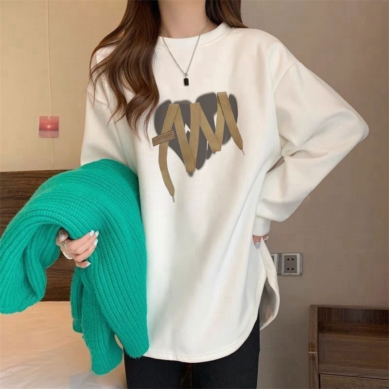 DeRong Korean style loose large size top brushed thickened long-sleeved T-shirt women's mid-length fashion versatile bottoming shirt trendy