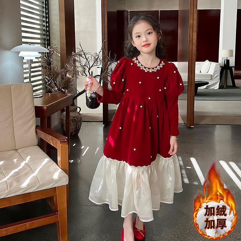 Girls' Autumn and Winter Festive Skirt 2024 New Style Red Velvet Dress Children's Puff Sleeve Princess Skirt