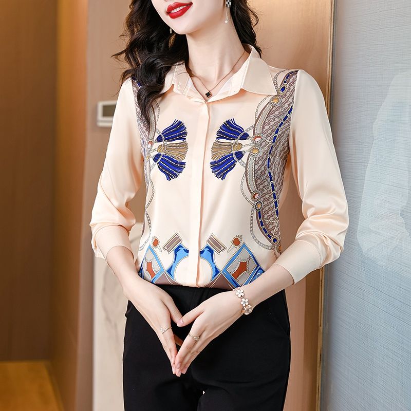 襯衫女桑蠶絲時尚百搭長袖氣質顯瘦翻領襯衣2024春秋女士新款上衣