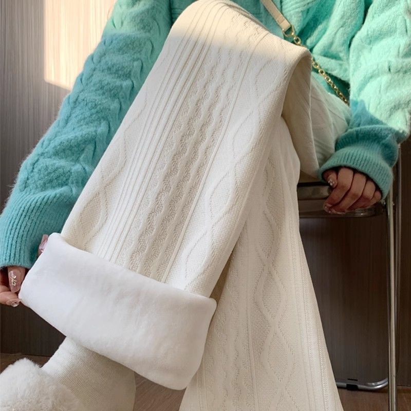 白色加絨闊腿褲女2024秋冬季高腰顯瘦小個子寬鬆直筒拖地加厚棉褲