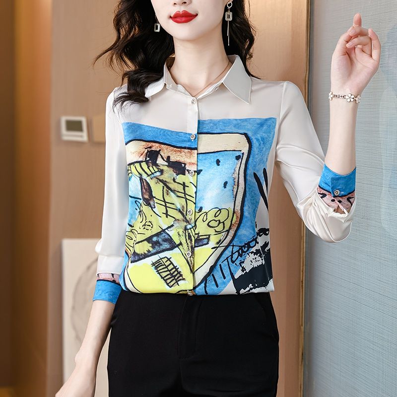 襯衫女桑蠶絲時尚百搭長袖氣質翻領襯衣2024春秋女士新款