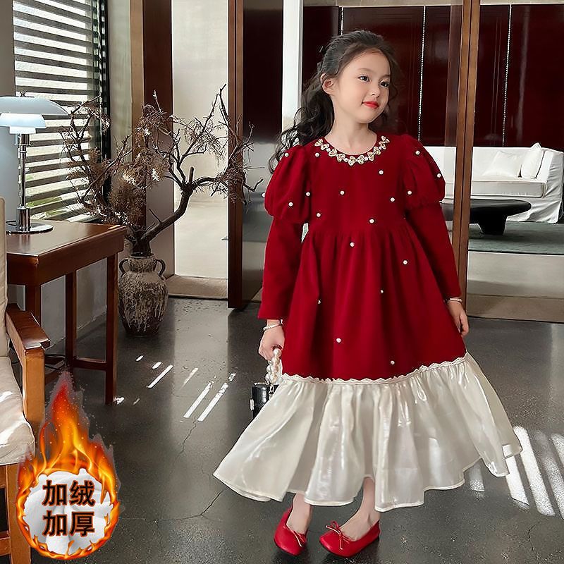 Girls' Autumn and Winter Festive Skirt 2024 New Style Red Velvet Dress Children's Puff Sleeve Princess Skirt