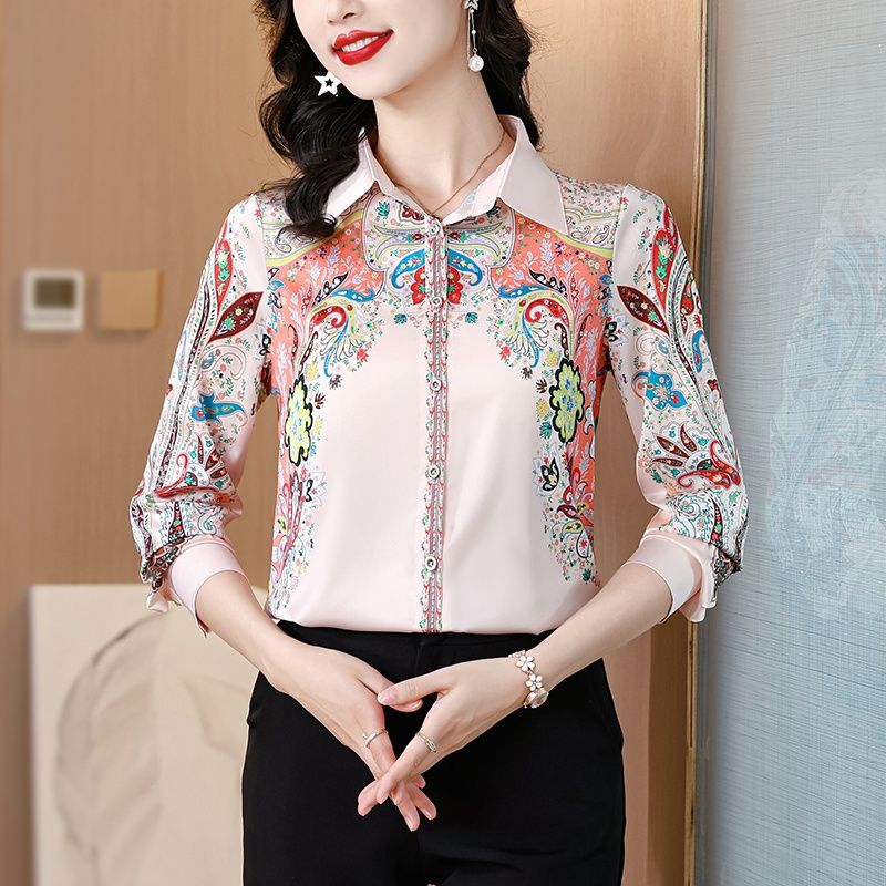 襯衫女桑蠶絲時尚氣質顯瘦百搭長袖氣質翻領襯衣2024春秋女士新款