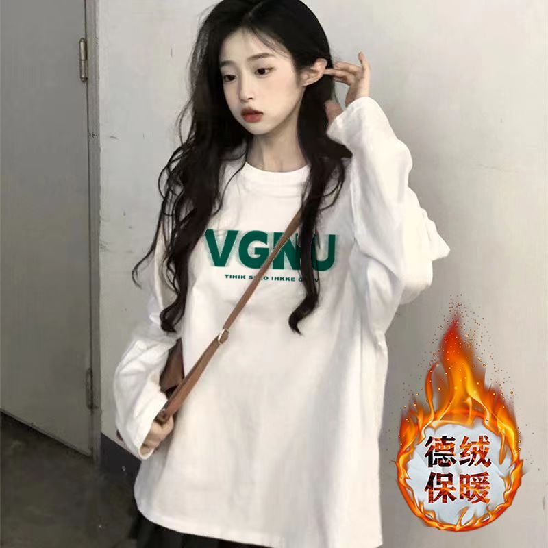 加厚雙面德絨圓領白色印花打底衫女加絨秋冬磨毛內搭寬鬆長袖t恤