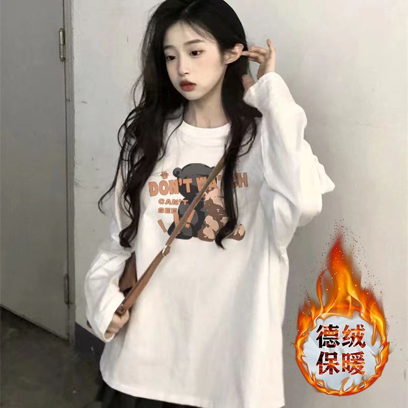 加厚雙面德絨圓領白色印花打底衫女加絨秋冬磨毛內搭寬鬆長袖t恤
