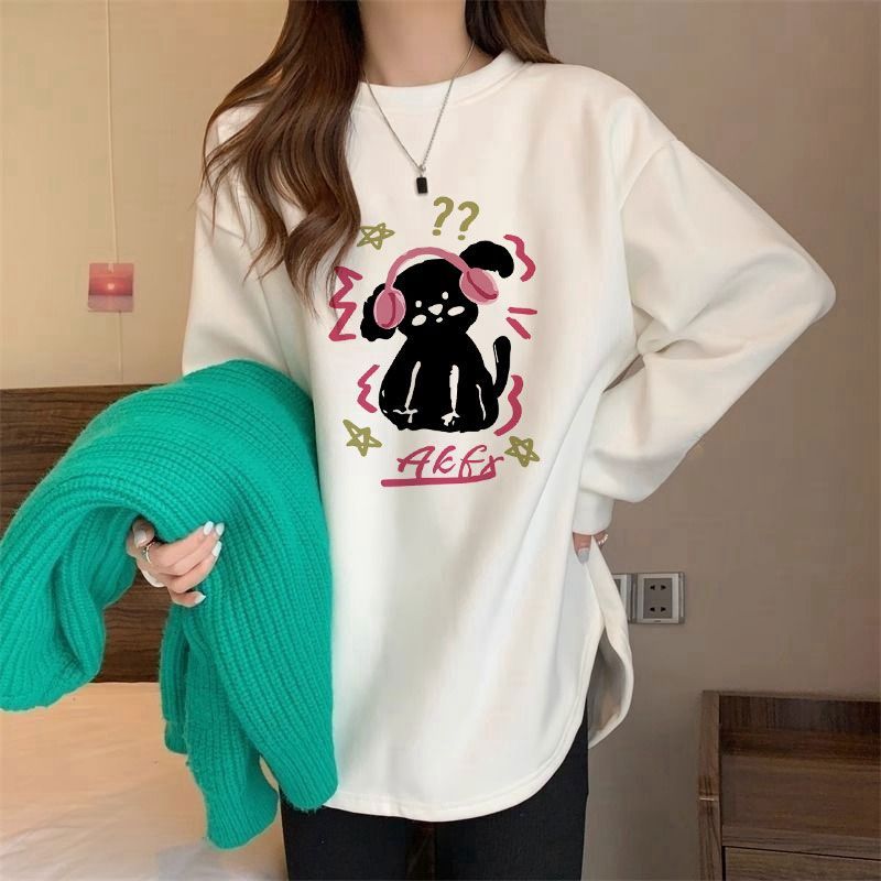 French German velvet T-shirt white bottoming shirt for women in winter plus velvet thickening loose lazy style inner long-sleeved top