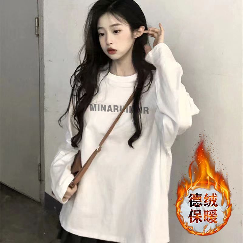 加厚雙面德絨圓領白色印花打底衫女加絨秋冬磨毛內搭寬鬆長袖t恤