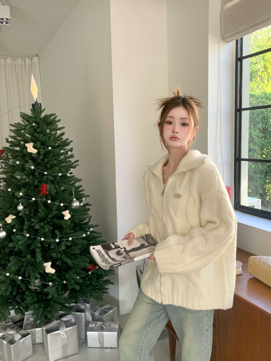 韓系麻花翻領毛衣外套女秋冬奶fufu寬鬆慵懶風軟糯加厚針織衫上衣