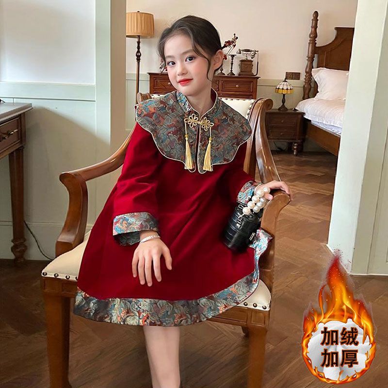 童装女童红色新年连衣裙2024秋冬季新款儿童宝宝过年衣服拜年服潮