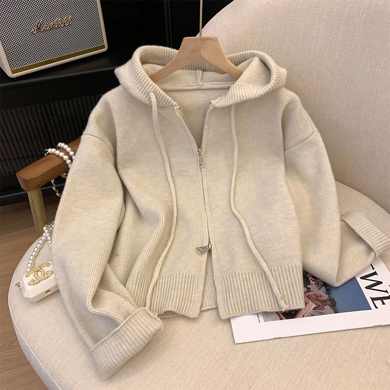 Autumn and winter thickening and age-reducing foreign-style outer sweater feminine loose lazy zipper long-sleeved hooded sweater top