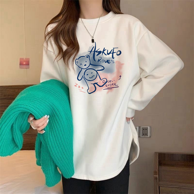 Heavyweight t-shirt white bottoming shirt for women in winter double-sided thickened loose large version lazy style inner long-sleeved top