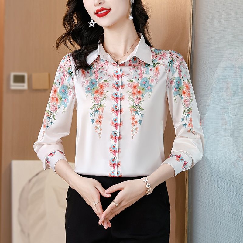 襯衫女桑蠶絲時尚氣質顯瘦百搭長袖氣質翻領襯衣2024春秋女士新款