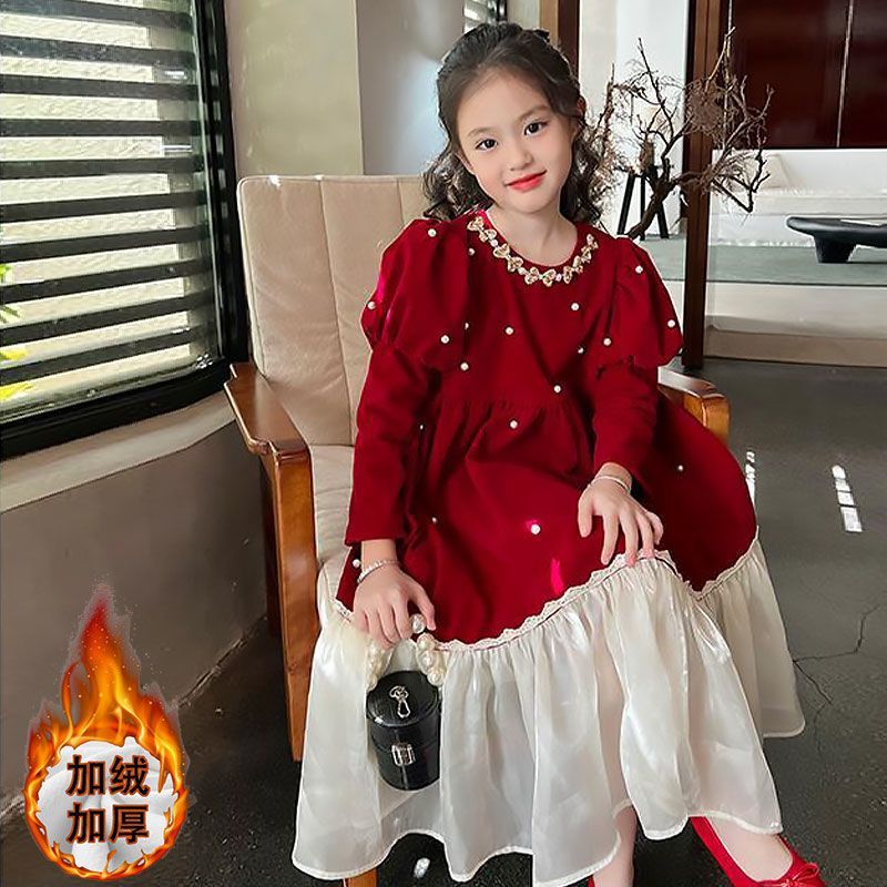 Girls' Autumn and Winter Festive Skirt 2024 New Style Red Velvet Dress Children's Puff Sleeve Princess Skirt