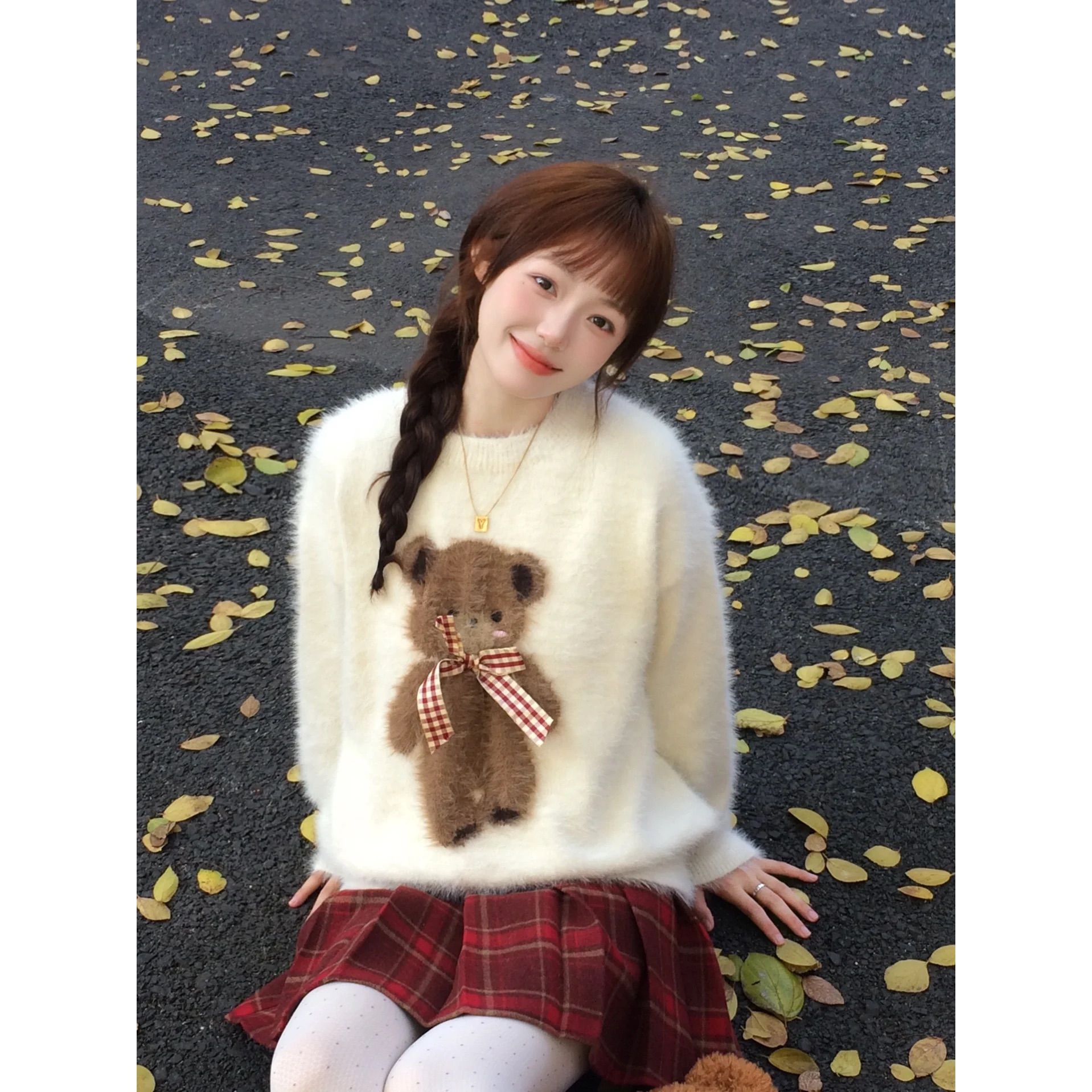 甜美軟糯仿貂毛小熊圓領毛衣女套頭加厚小個子內搭針織衫秋冬上衣
