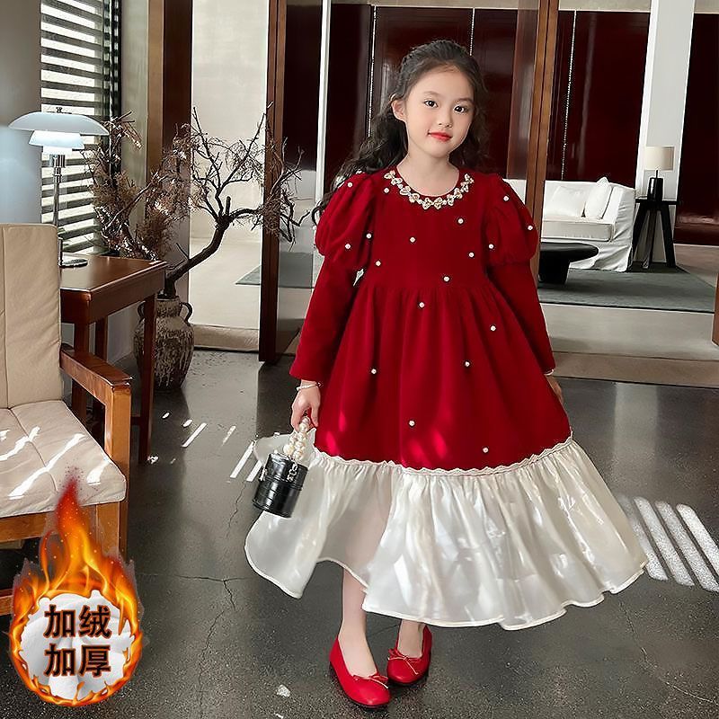 Girls' Autumn and Winter Festive Skirt 2024 New Style Red Velvet Dress Children's Puff Sleeve Princess Skirt