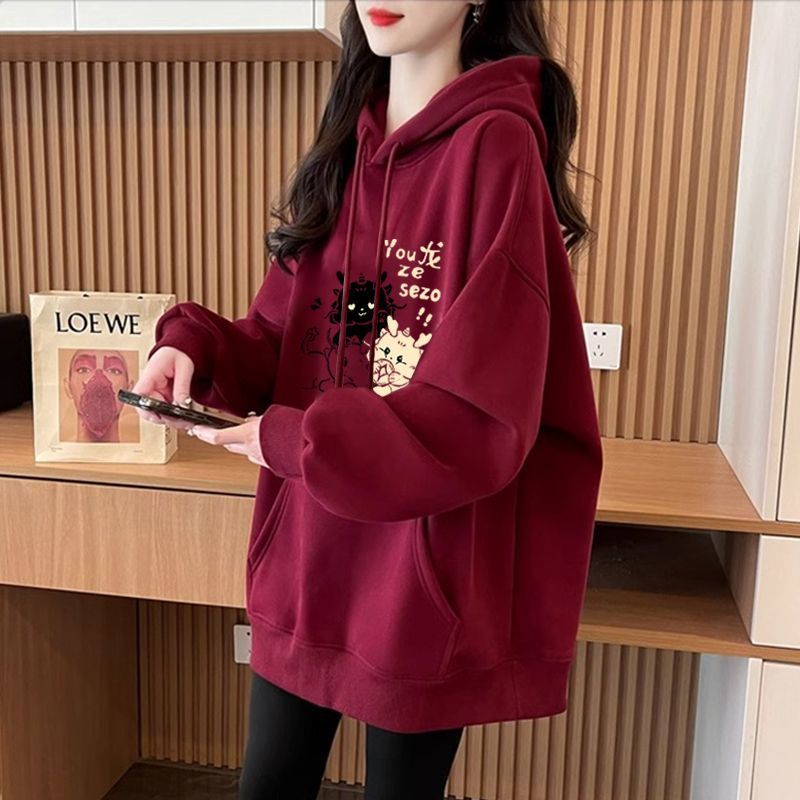 本命年龍年酒紅色連帽衛衣男女秋冬季2024新款寬鬆加絨加厚外套潮