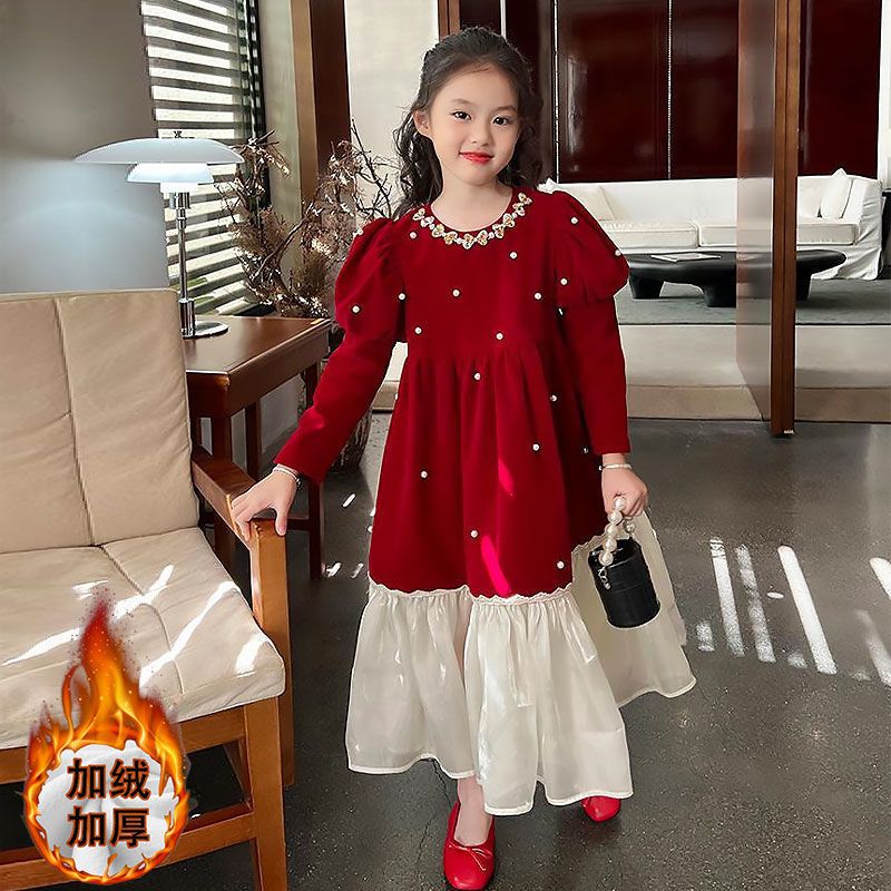 Girls' Autumn and Winter Festive Skirt 2024 New Style Red Velvet Dress Children's Puff Sleeve Princess Skirt