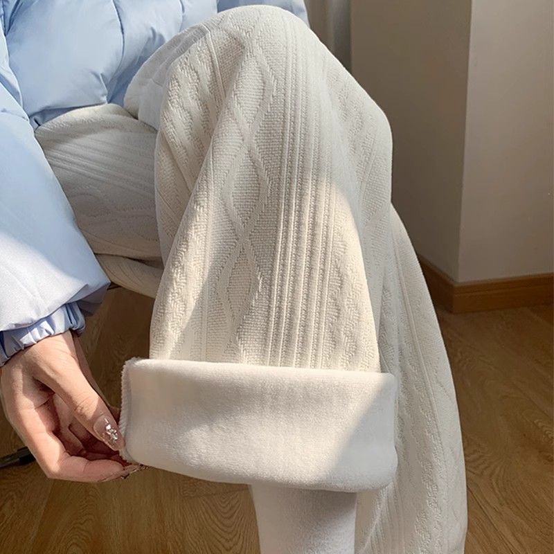 加絨麻花紋闊腿褲女2024秋冬高腰顯瘦加厚小個子寬鬆休閒直筒棉褲