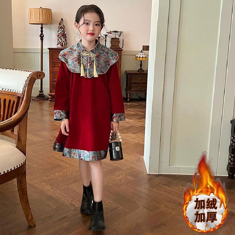 童装女童红色新年连衣裙2024秋冬季新款儿童宝宝过年衣服拜年服潮