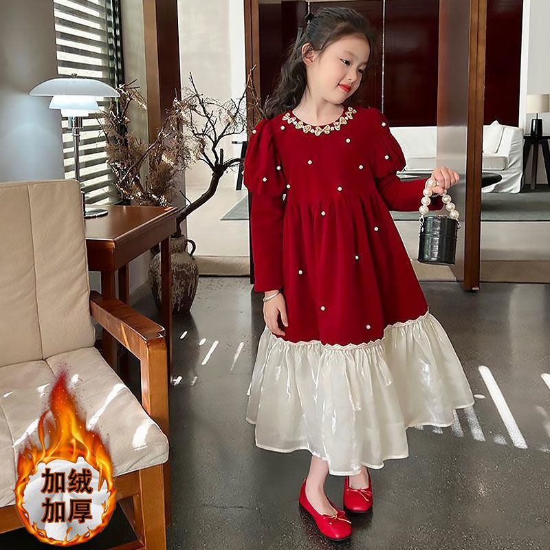 Girls' Autumn and Winter Festive Skirt 2024 New Style Red Velvet Dress Children's Puff Sleeve Princess Skirt