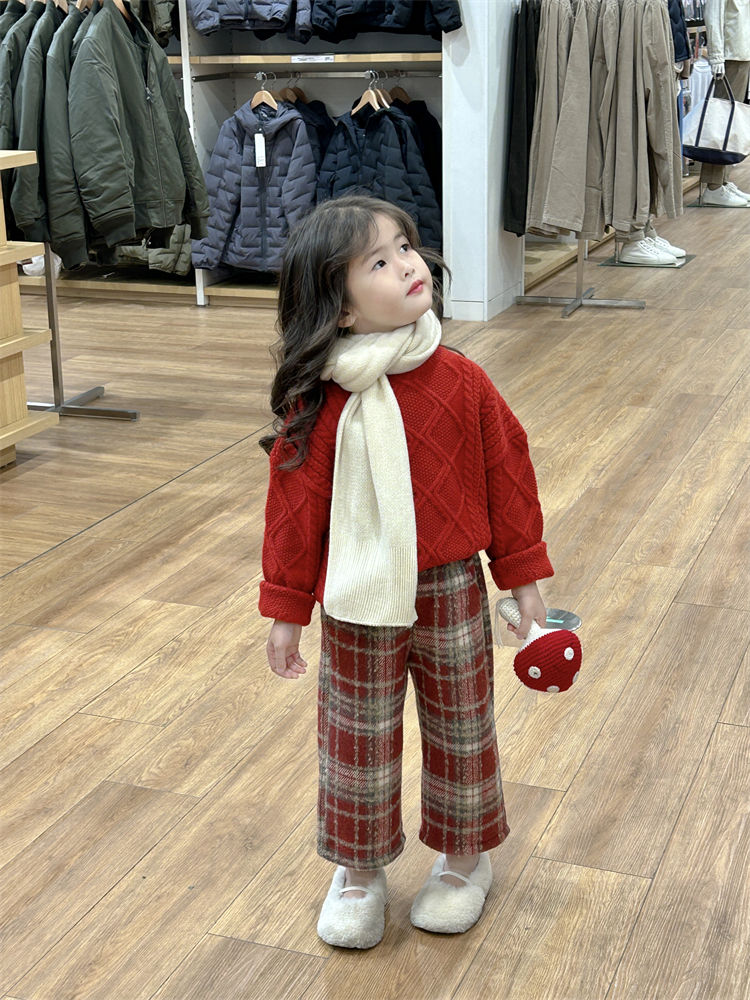 女童厚款圣诞红色毛衣新年保暖针织衫上衣洋气冬装套头衫女宝年服