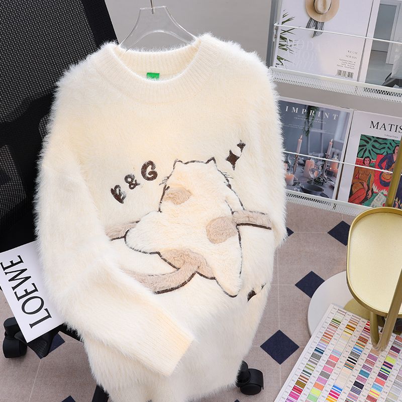 Lazy style sweater for women in autumn and winter new style cute cartoon cat soft and waxy loose round neck long sleeve knitted top