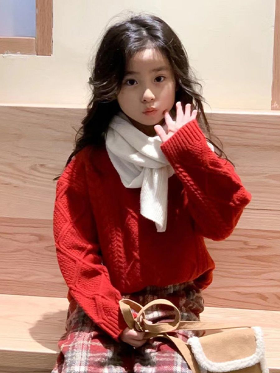女童聖誕服裝毛衣秋冬2024新款兒童紅色針織衫女孩加厚毛線衣洋氣