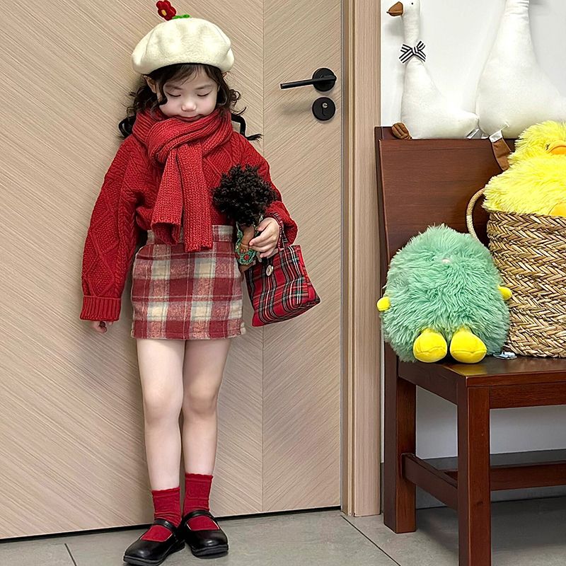 韓版女童毛衣2024冬季新款中小童加厚紅色聖誕新年麻花套頭針織衫