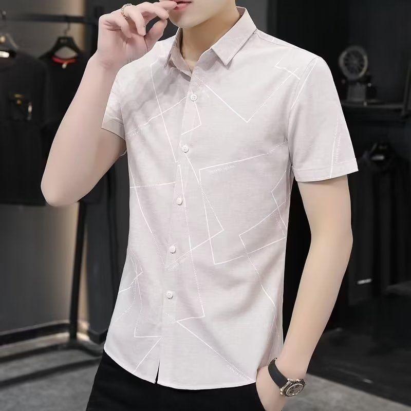 Spring and summer new style youth business casual printed shirts for men Korean style slim trendy handsome shirts for men with short sleeves