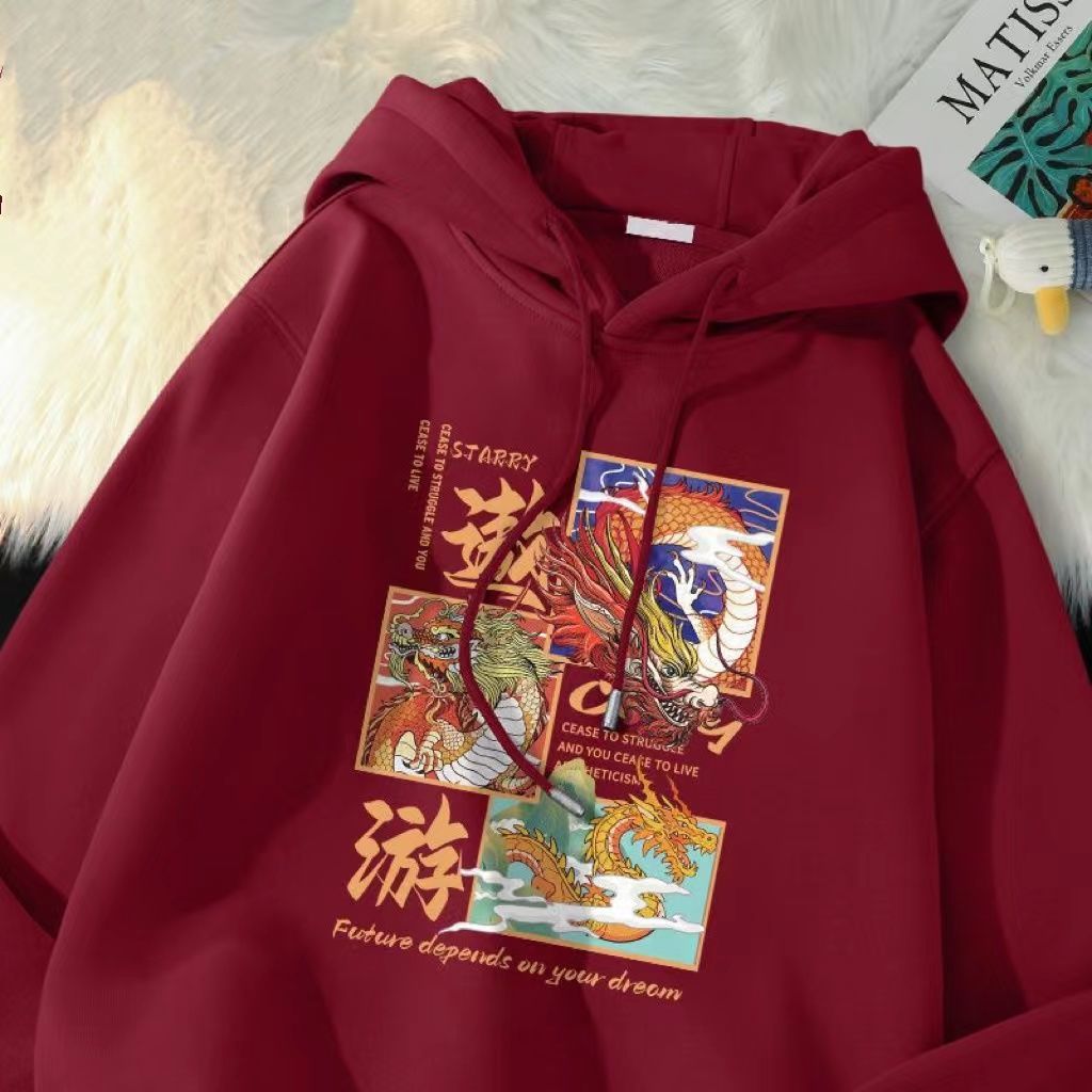 本命年龍年酒紅色秋冬新款2024新年戰袍國潮國風情侶寬鬆外套上衣