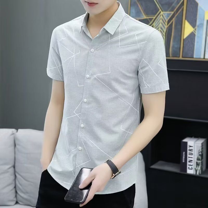 Spring and summer new style youth business casual printed shirts for men Korean style slim trendy handsome shirts for men with short sleeves