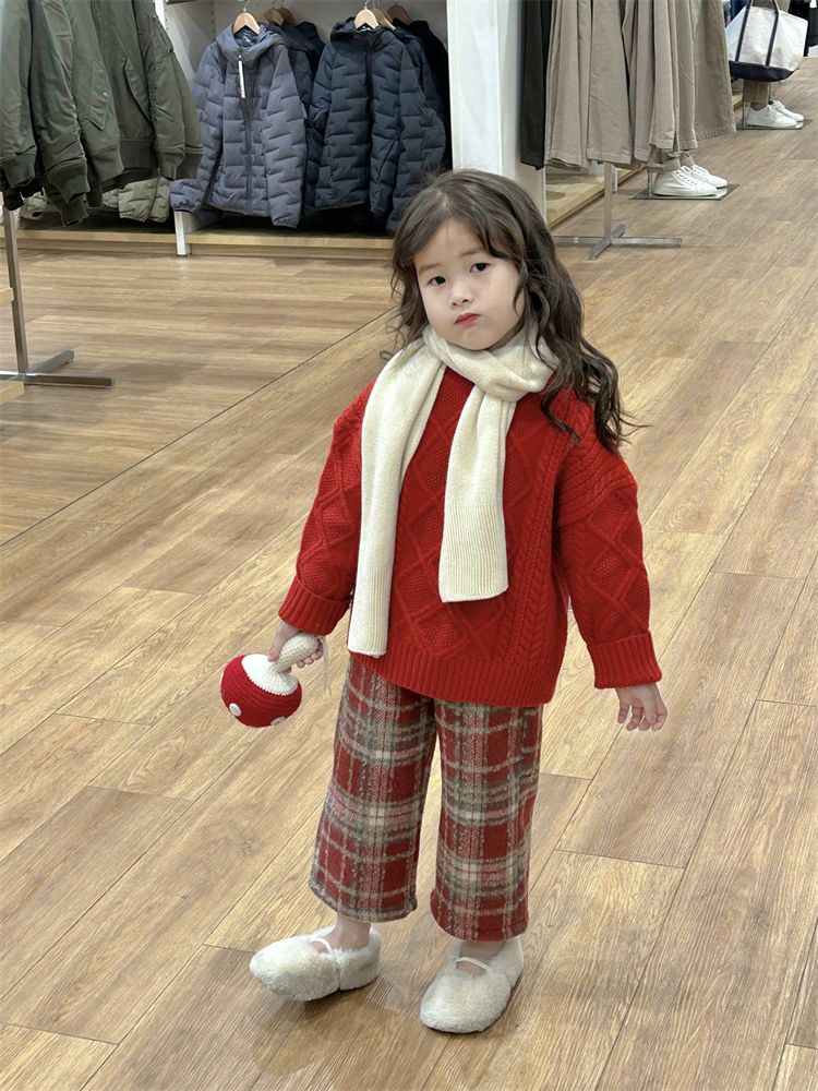 女童厚款圣诞红色毛衣新年保暖针织衫上衣洋气冬装套头衫女宝年服