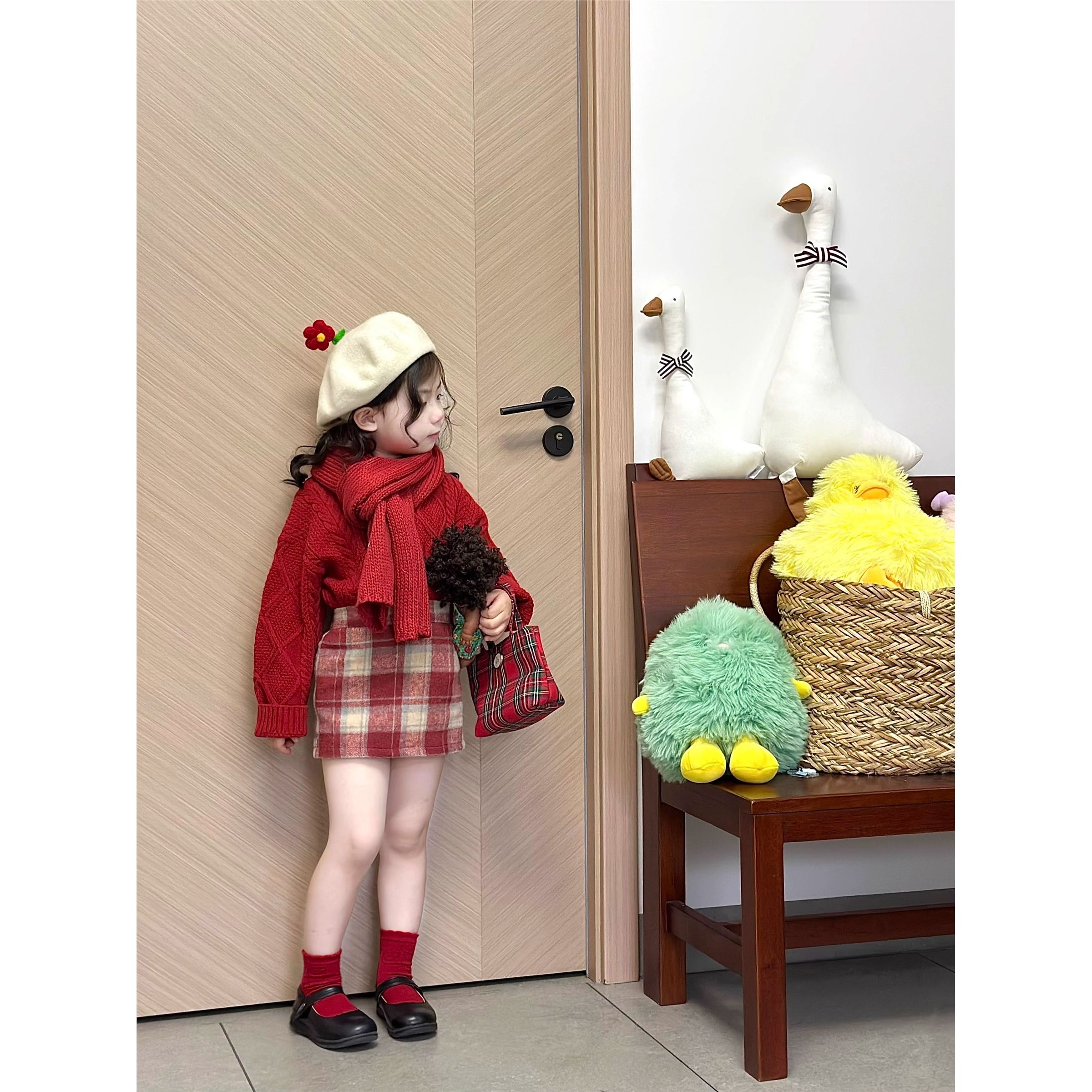 韓版女童2024秋冬新款聖誕新年紅色毛衣兒童寶寶格紋百褶裙長褲子
