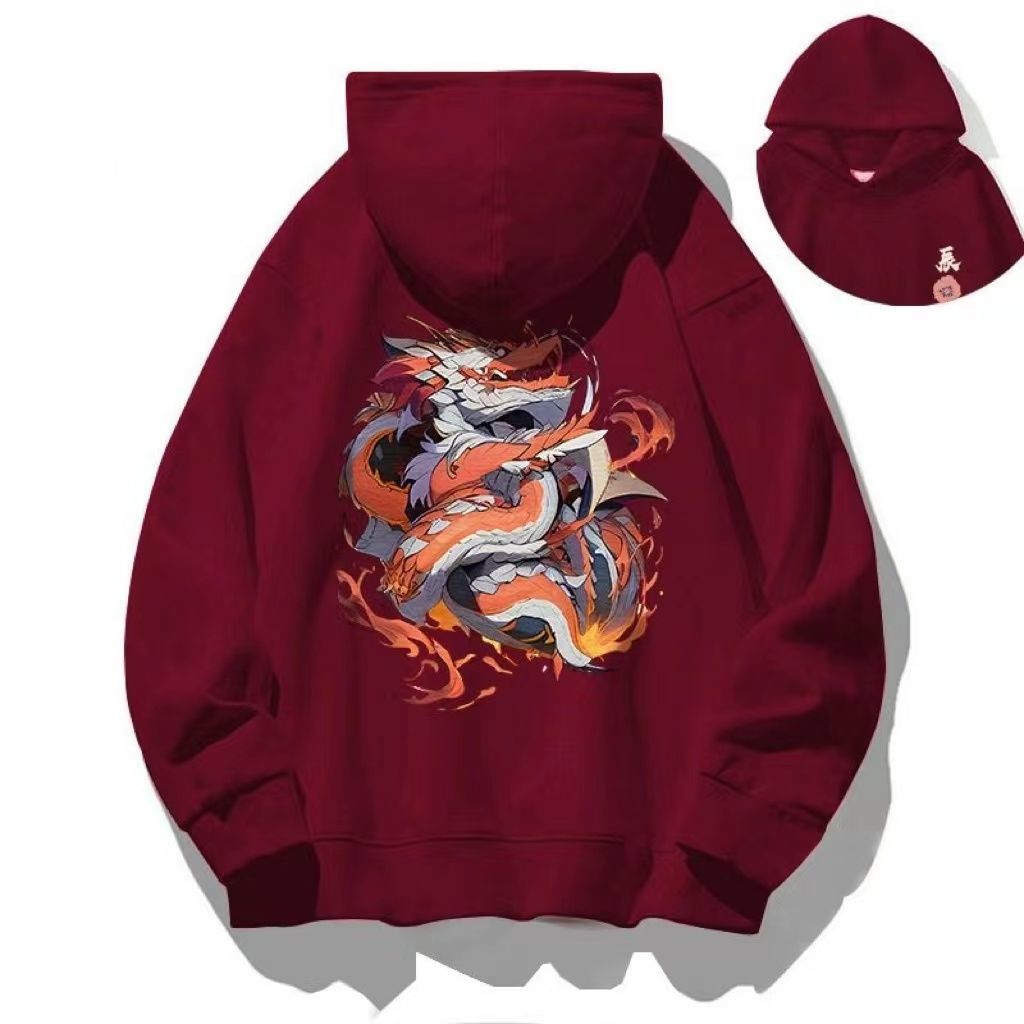 國潮連帽衛衣男女龍年過年秋冬季中國風衣服新年拜年服酒紅色外套
