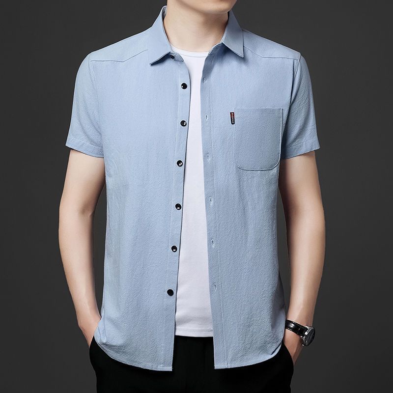 Men's outerwear shirts, young men's business casual short-sleeved iron-free shirts, trendy, handsome, versatile pocket-inch shirts