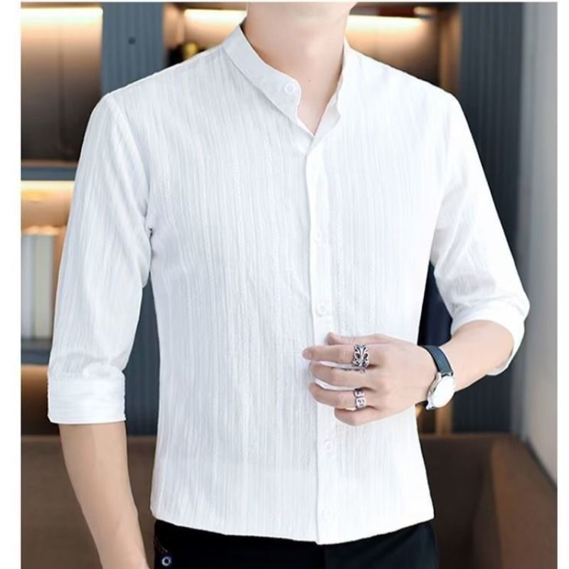 Summer three-quarter sleeve shirt men's stand collar casual white shirt mid-sleeve Korean style slim trend short-sleeved thin shirt