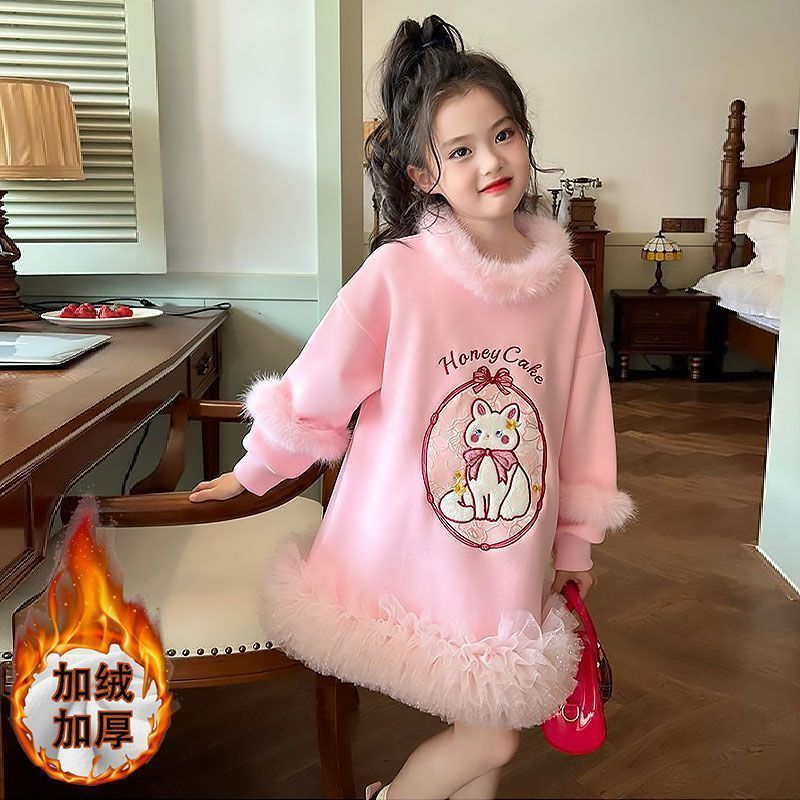 女童冬季衛衣裙2024新款洋氣兒童網紅粉色連衣裙小女孩加絨公主裙