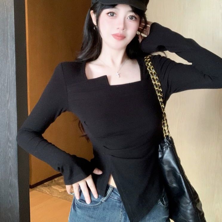Irregular long-sleeved white T-shirt autumn women's 2024 new design slim short bottoming shirt top
