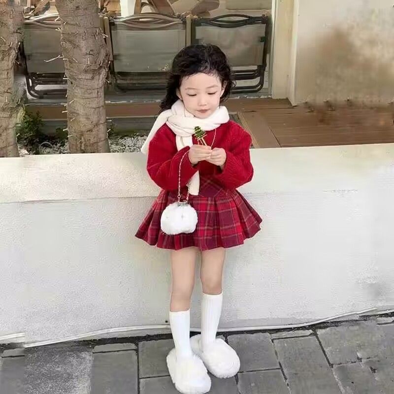 韩版女童2024秋冬新款新年红色针织毛衣上衣女宝宝红色格子半裙潮