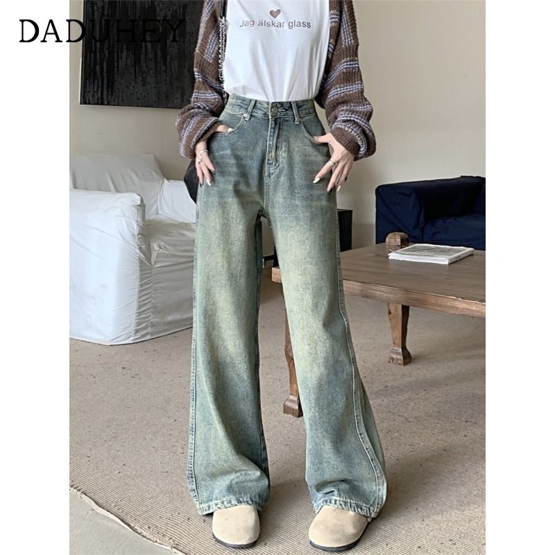 小個子復古做舊闊腿牛仔褲女秋冬新款高腰垂感直筒寬鬆顯瘦拖地褲