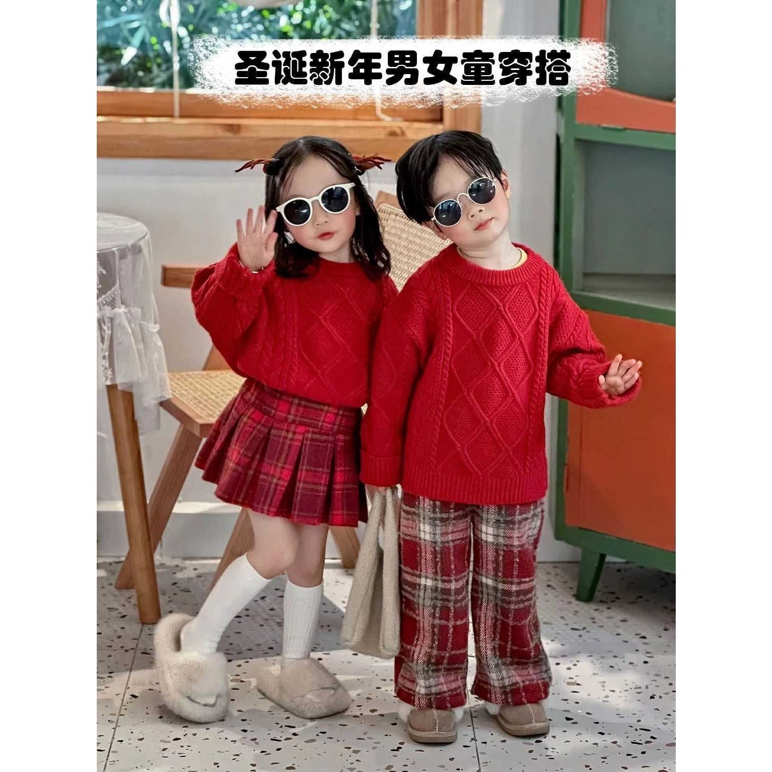 女童套裝裙冬裝2024新款拜年服紅色毛衣毛呢厚褲子衣服兒童聖誕節