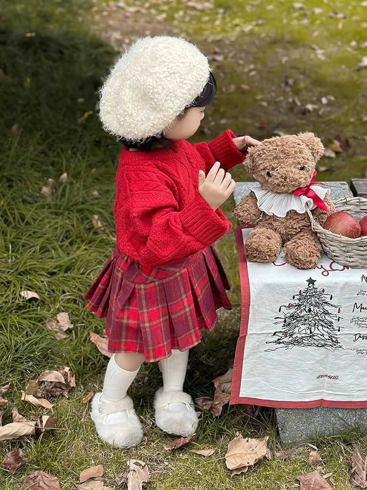 女童毛衣套装女宝针织衫秋冬线衣两件套圣诞服小女孩洋气过年衣服